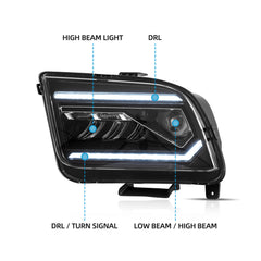 VLAND LED Dual Beam Headlights For Ford Mustang 2005-2009