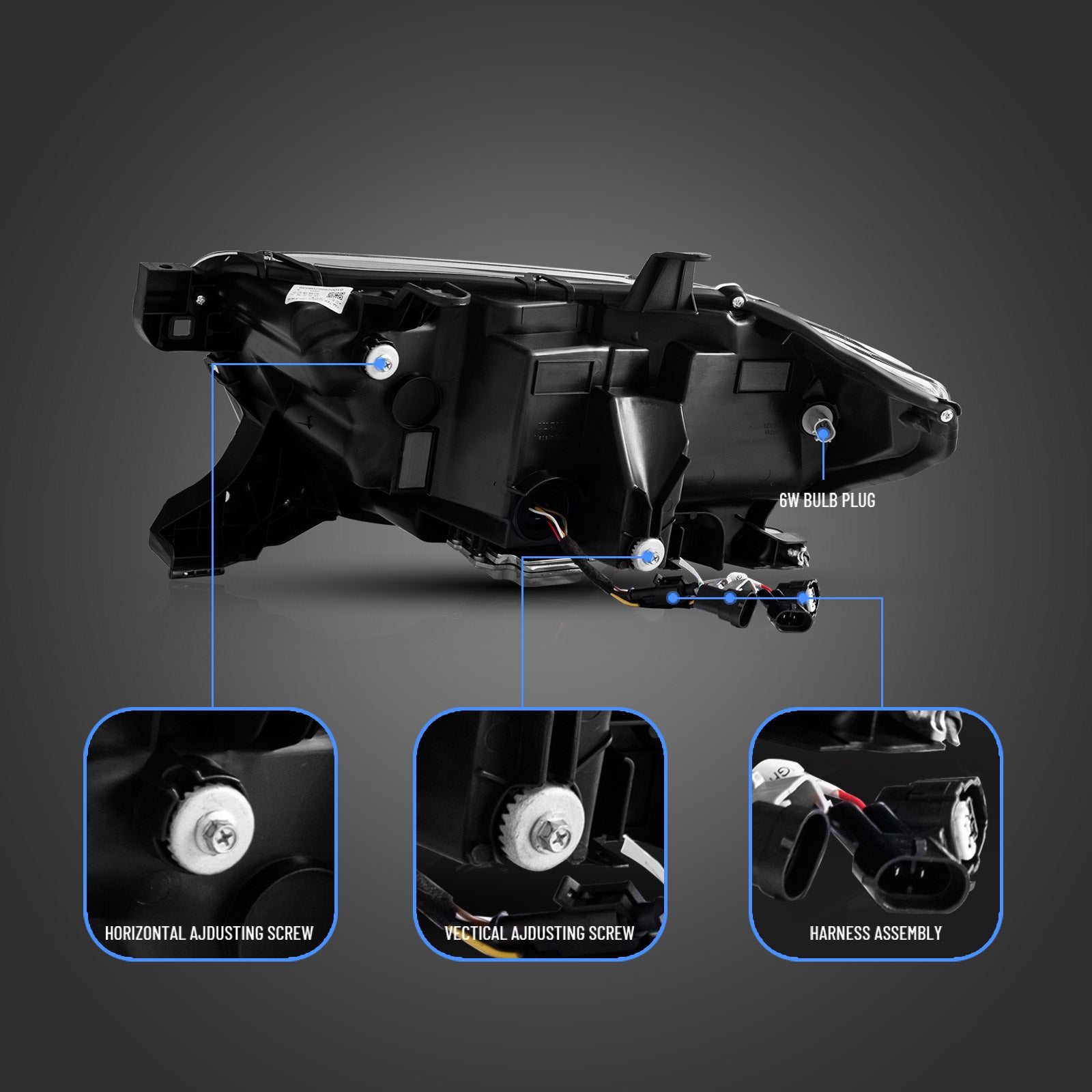 Car headlight assembly with labeled parts on a dark background