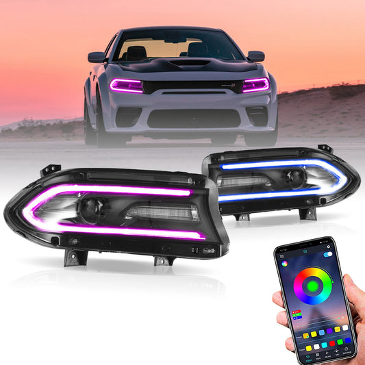 VLAND LED Dual Beam Projector Headlights 2015-2023 For Dodge Charger RGB Style Assembly