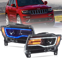 VLAND LED headlights for 2011-2013 Jeep Grand Cherokee, showing the front of the vehicle with the new headlights installed.