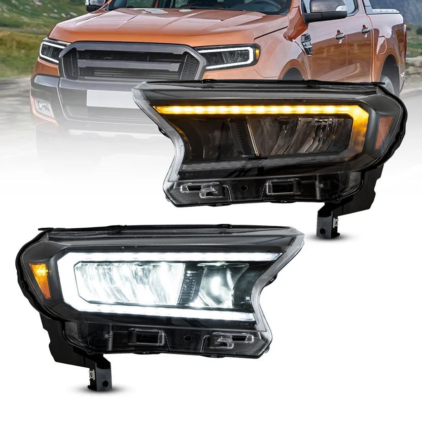 A pair of black aftermarket car headlight assemblies shown on a white background, with a faded orange pickup truck in the upper background. The headlights feature a bright white main light, an amber side marker light, and a horizontal amber LED daytime running light strip.
