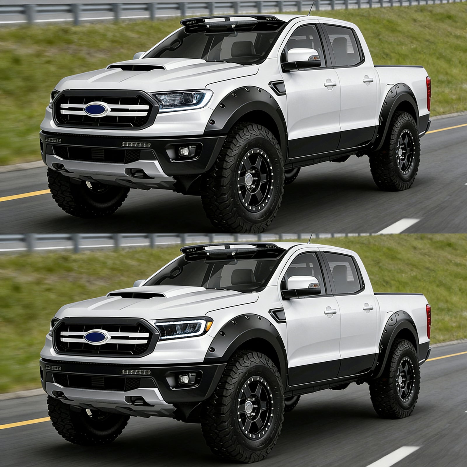 Two white Ford trucks on a road with grassy areas.