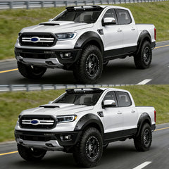 Two white Ford trucks on a road with grassy areas.