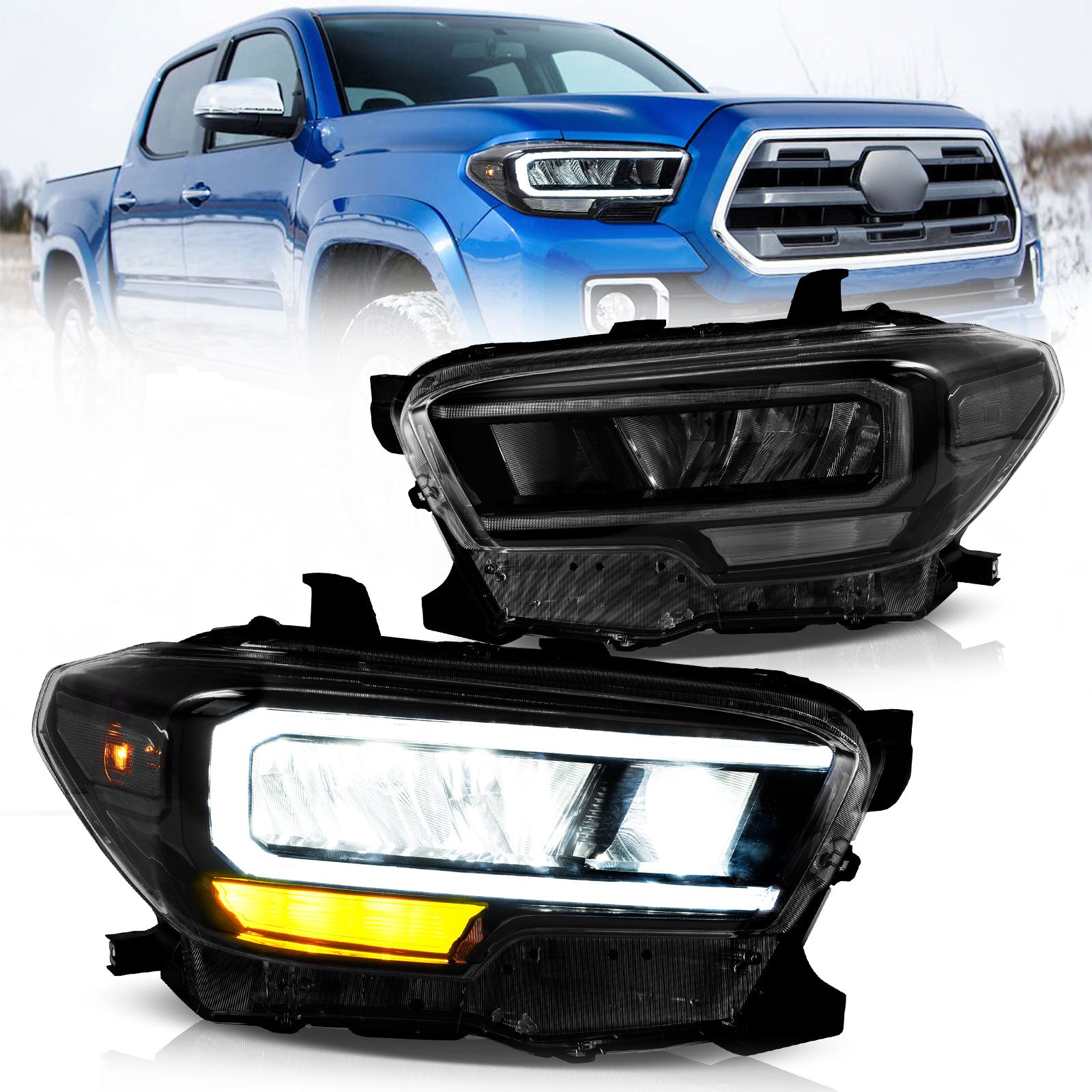 A pair of VLAND LED headlights for 2016-2023 Toyota Tacoma vehicles, displayed alongside the Tacoma truck.