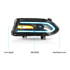 VLAND LED Dual Beam Projector Headlights 2015-2023 For Dodge Charger RGB Style Assembly