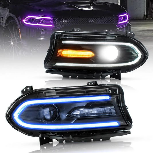 VLAND LED Dual Beam Projector Headlights 2015-2023 For Dodge Charger RGB Style Assembly